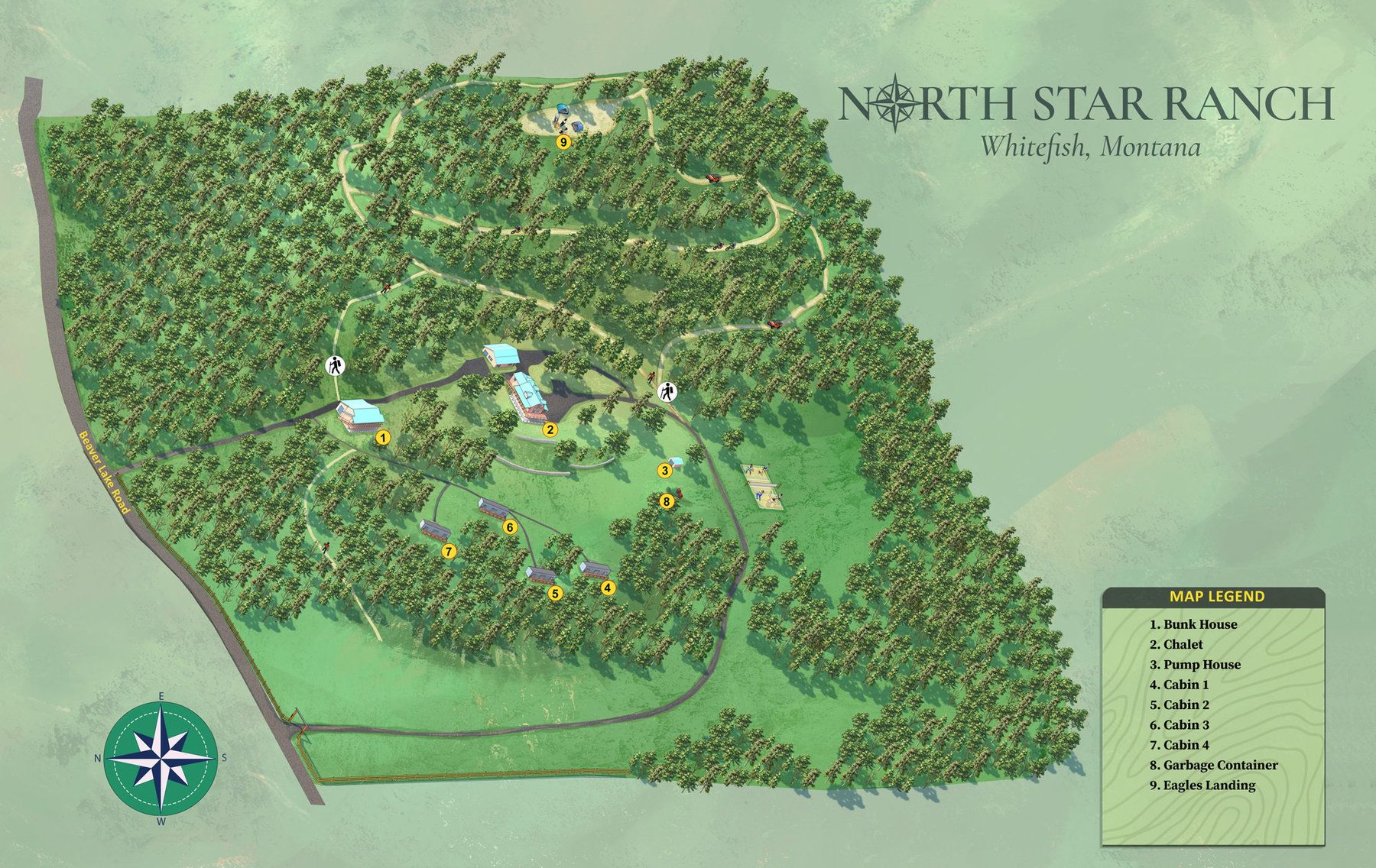 Illustrated map of the 40-acre North Star Ranch property with the lodge, chalet and cabins marked